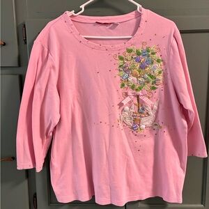 Vintage Berek 2 Takako Bunny Embroidered, beaded, and bedazzled Pink 3/4 sleeve